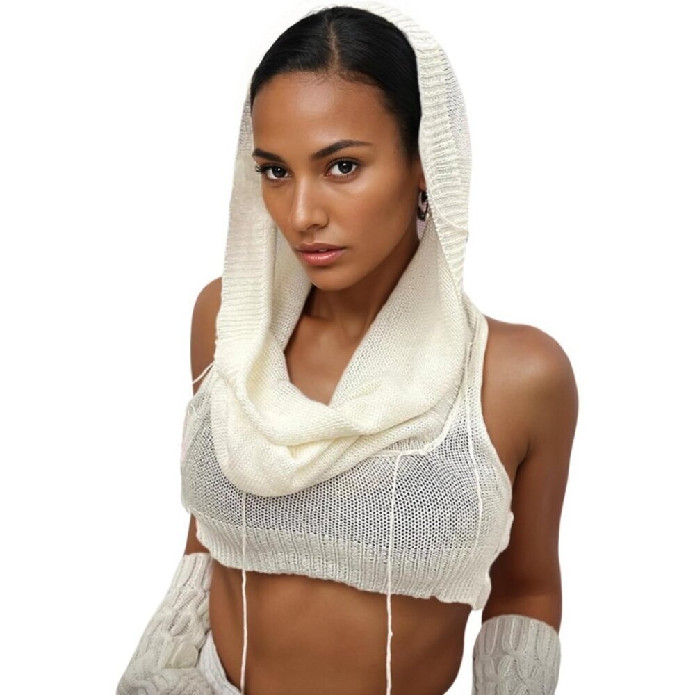 Women Knitted Sleeveless Hoodie Crop Top Streetwear Rave Festival Outfit